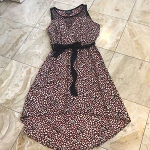 Red and black printed dress with bow detail, medium.